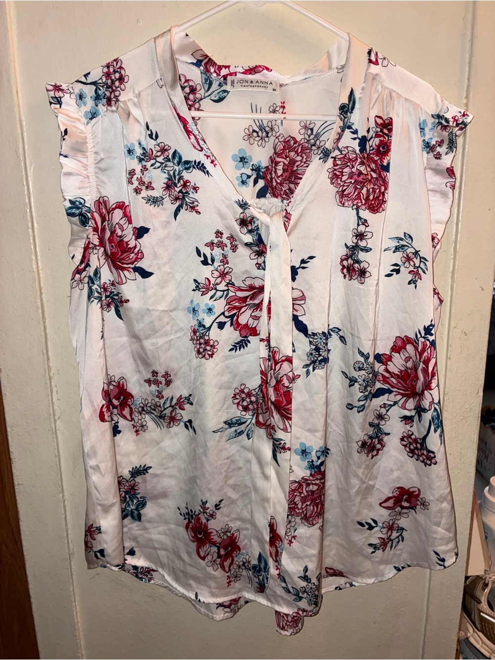 Jon & Anna White Floral V-Neck Ruffle Sleeve Camisole, Tie Detail
